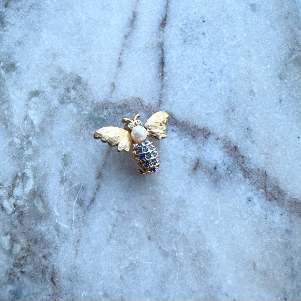 Golden Bee Brooch with Blue Stones and Pearl Accent